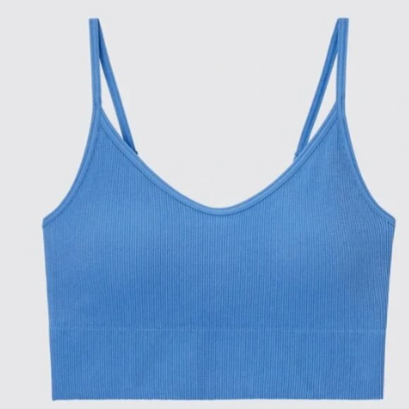 UNIQLO Seamless Half Camisole Bra Top Ribbed Blue Sewn-In Padding Cups Size S - Picture 1 of 5